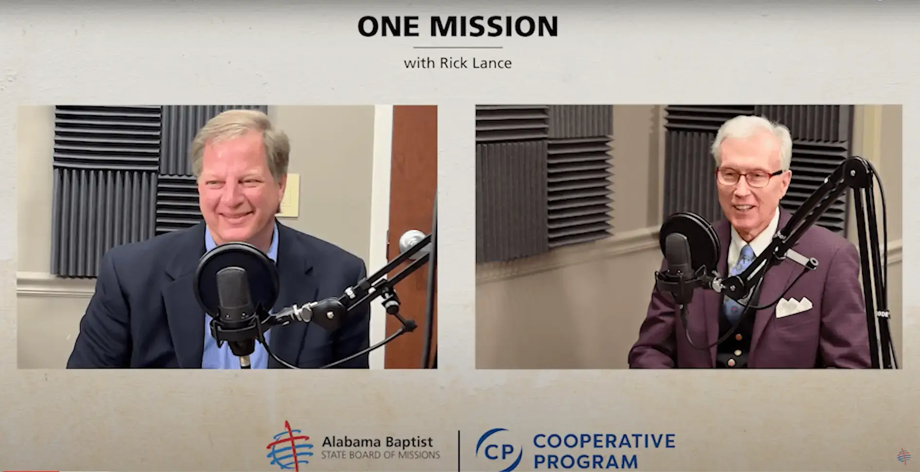 Buddy Champion and Rick Lance sitting in front of microphones recording a podcast