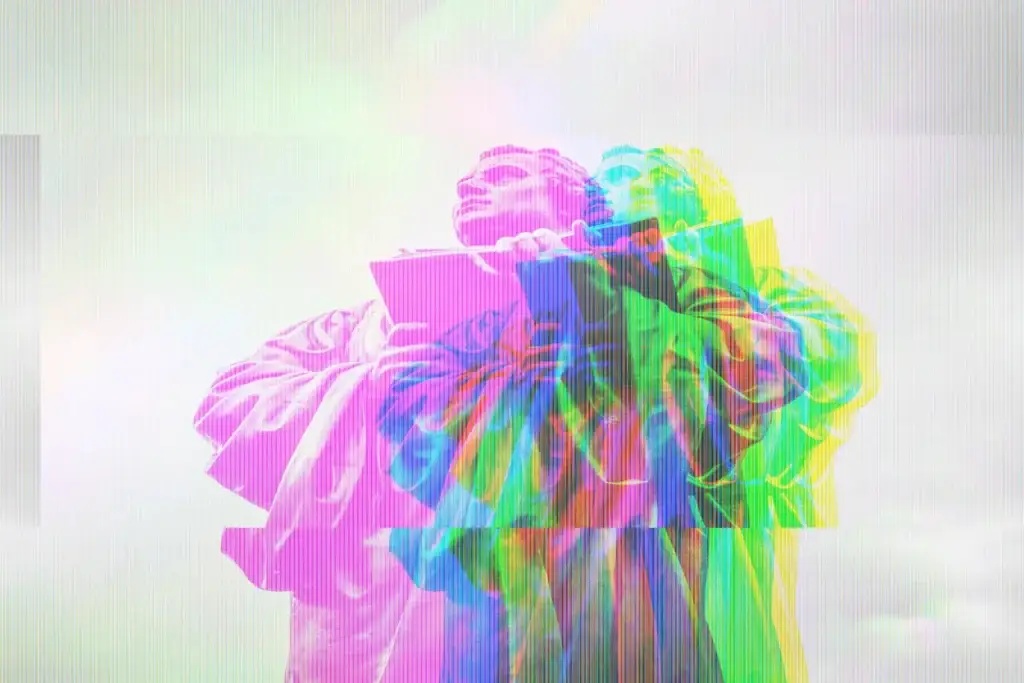 Colorful glitchy image of statue of man holding open book