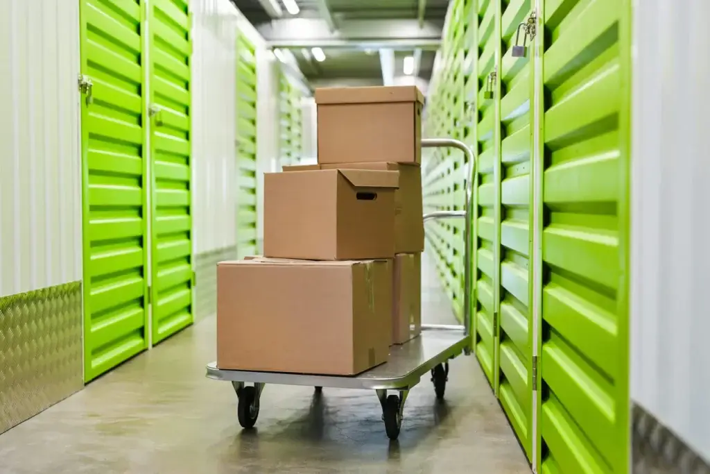 Boxes on Cart in Storage Unit