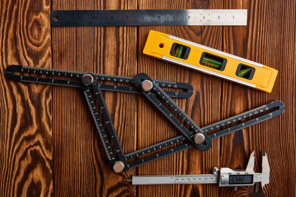 Level, ruler, and caliper on wooden background