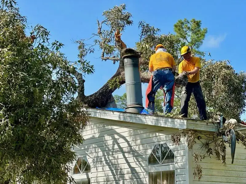 labama Baptist Disaster Relief volunteers work to remove a tree from a house in Huffman, Texas.