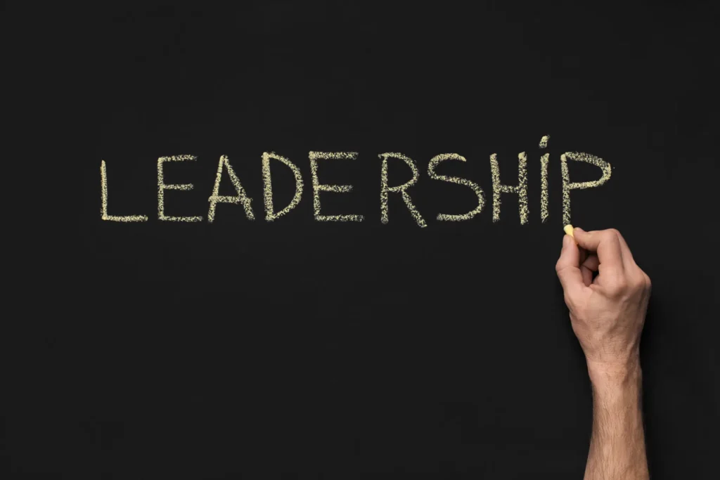 Word Leadership written with white chalk on blackboard